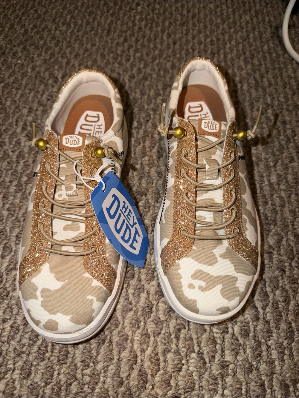 Hey Dude Beige Camo Sneakers with Gold Glitter Accents